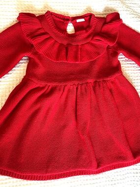 Girls' Red Knit Ruffle Collar Dress